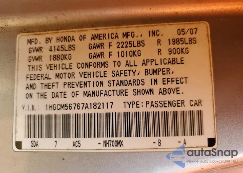 2007 Honda Accord Ex из США, поврежденный, VIN 1HGCM56767A182117